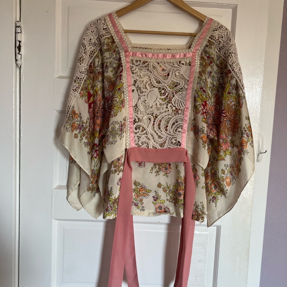 Anthropologie Floral Silk and Lace Top with Pink Accents